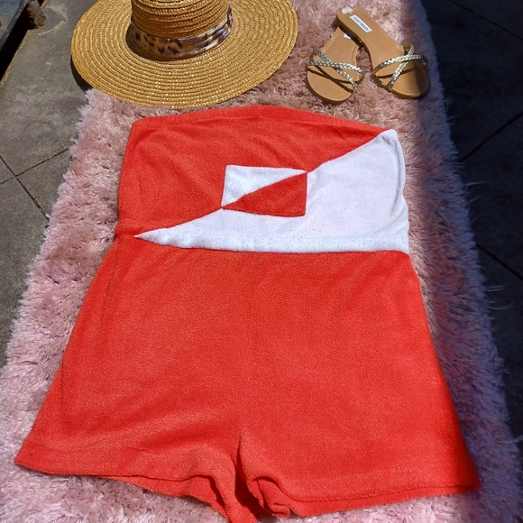 Vintage Pants - Vintage 70s Red White Harlequin Terrycloth  Romper